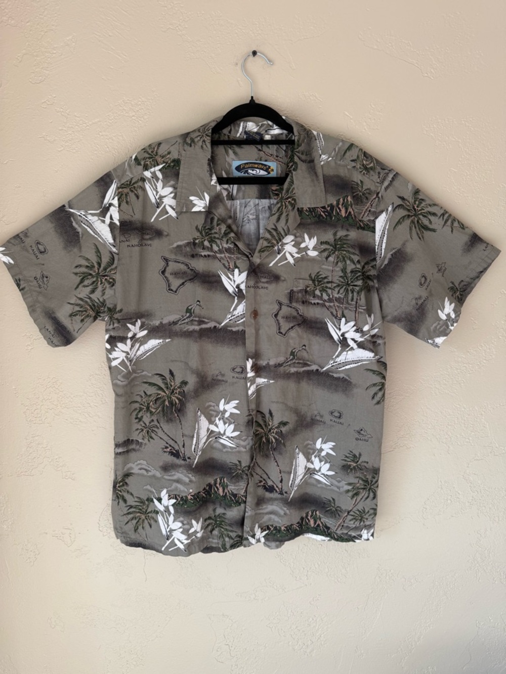 Men's Palmwave Palm Surf Print Hawaiian Shirt Camp Shirt - Olive Green Islands L
